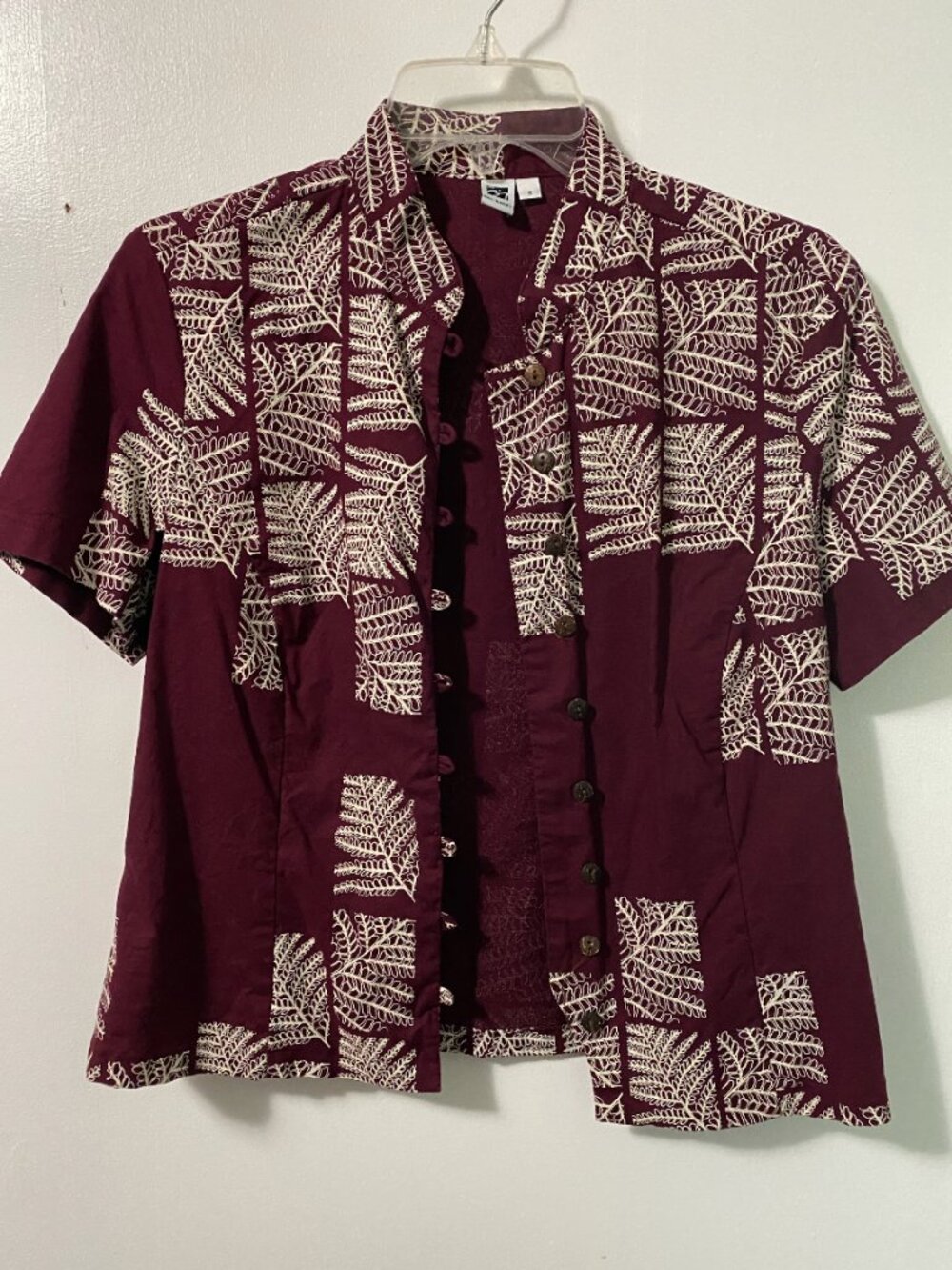 Sig Zane Womens Blouse Maroon Fern Top Small Hilo Hawaii